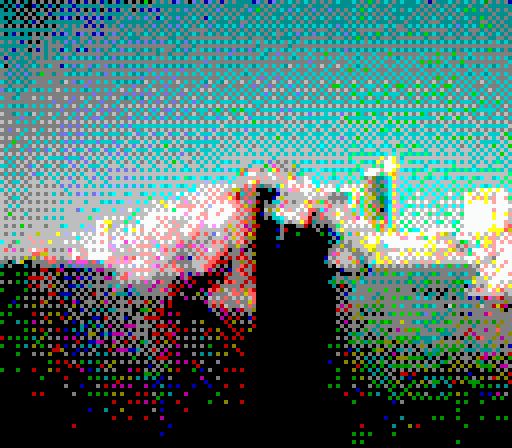 A Boat with Trees growing out of it in a bay, captured with a very low resolution gameboy camera in colour